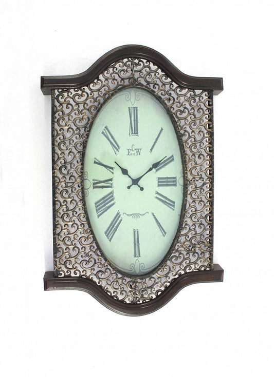 20" Oval Antiqued Bronze Wood and Glass Analog Wall Clock - Homeroots