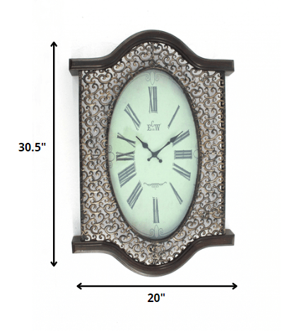 20" Oval Antiqued Bronze Wood and Glass Analog Wall Clock - Homeroots