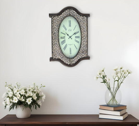 20" Oval Antiqued Bronze Wood and Glass Analog Wall Clock - Homeroots