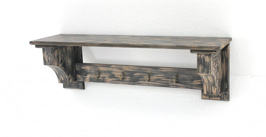 8 X 30 X 9.75 Black Vintage Wooden 4 Metal Hooks - Wall Shelf - Homeroots