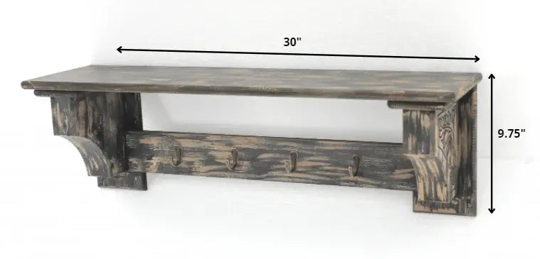 8 X 30 X 9.75 Black Vintage Wooden 4 Metal Hooks - Wall Shelf - Homeroots - Flyclothing LLC