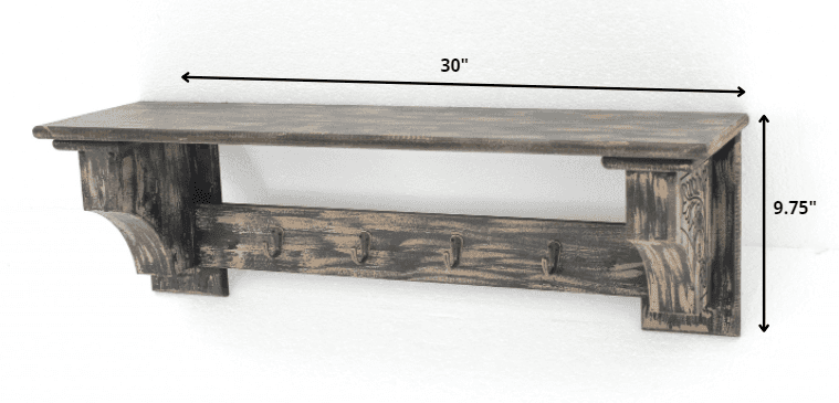 8 X 30 X 9.75 Black Vintage Wooden 4 Metal Hooks - Wall Shelf - Homeroots - Flyclothing LLC