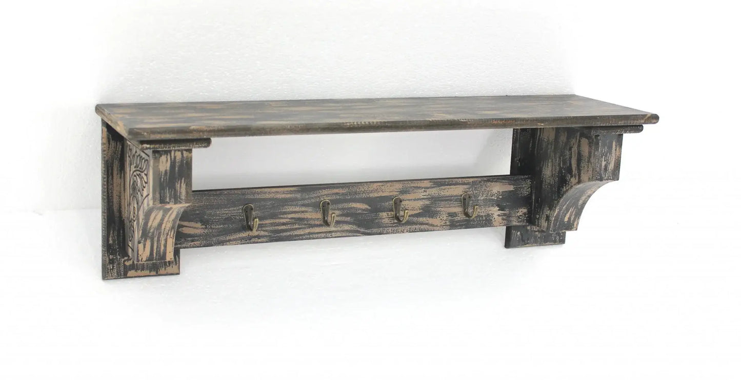 8 X 30 X 9.75 Black Vintage Wooden 4 Metal Hooks - Wall Shelf - Homeroots - Flyclothing LLC
