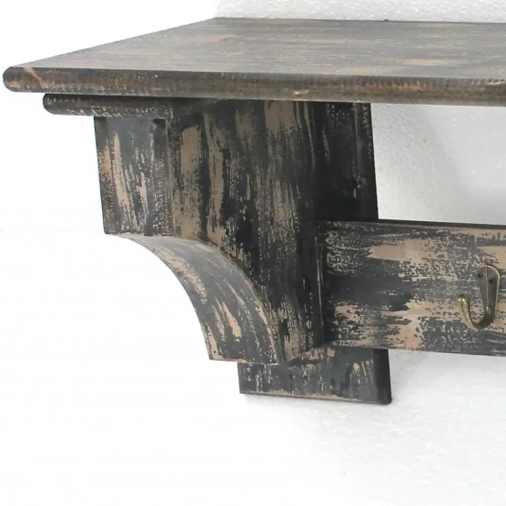 8 X 30 X 9.75 Black Vintage Wooden 4 Metal Hooks - Wall Shelf - Homeroots - Flyclothing LLC