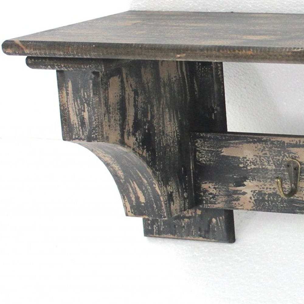 8 X 30 X 9.75 Black Vintage Wooden 4 Metal Hooks - Wall Shelf - Homeroots - Flyclothing LLC