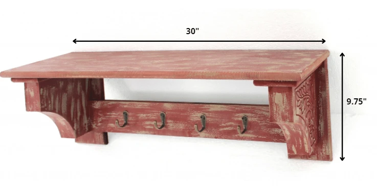 8 X 30 X 9.75 Red Vintage Wooden 4 Metal Hooks - Wall Shelf - Homeroots - Flyclothing LLC