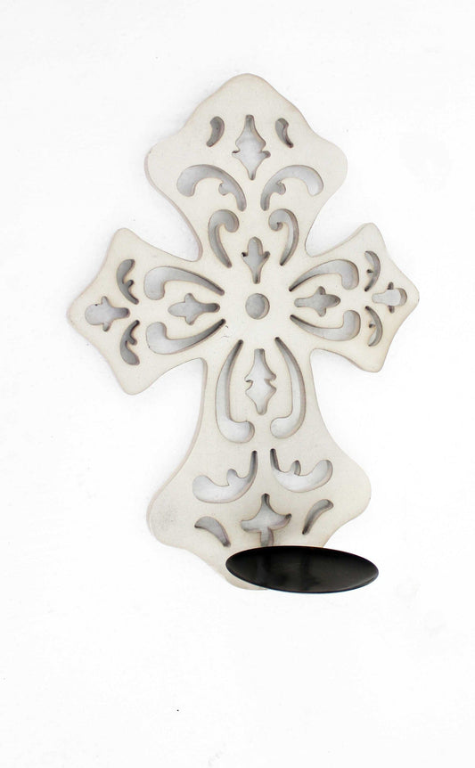 15.5 X 5 X 11 White Wooden Cross - Candle Holder Sconce - Homeroots