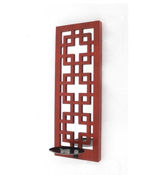 17" X 6" X 5" Red, Vintage Wood, Lattice Mirror - Candle Holder Sconce - Homeroots
