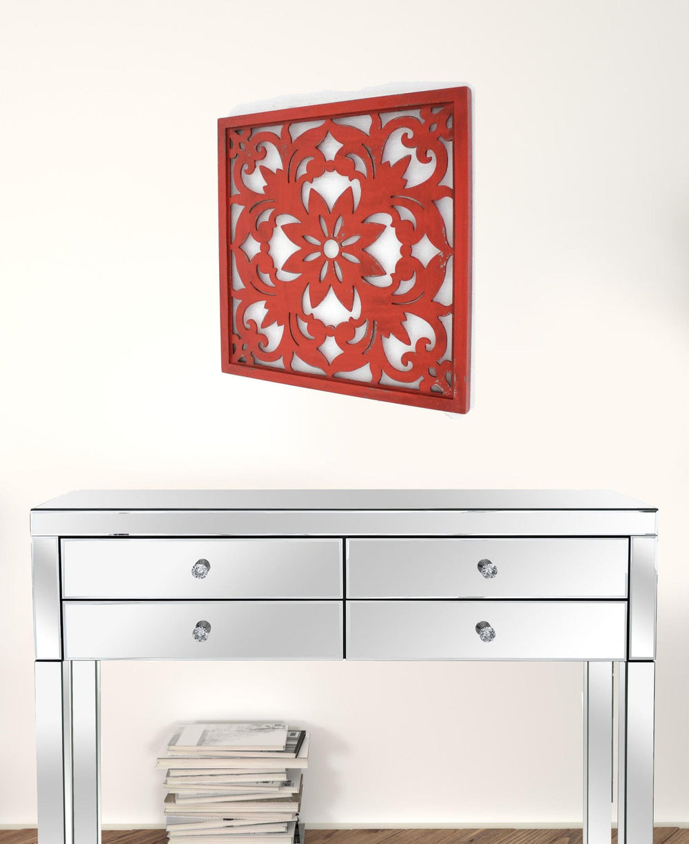 24" X 24" X 1" Red Vintage Floral - Wall Plaque - Homeroots - Flyclothing LLC