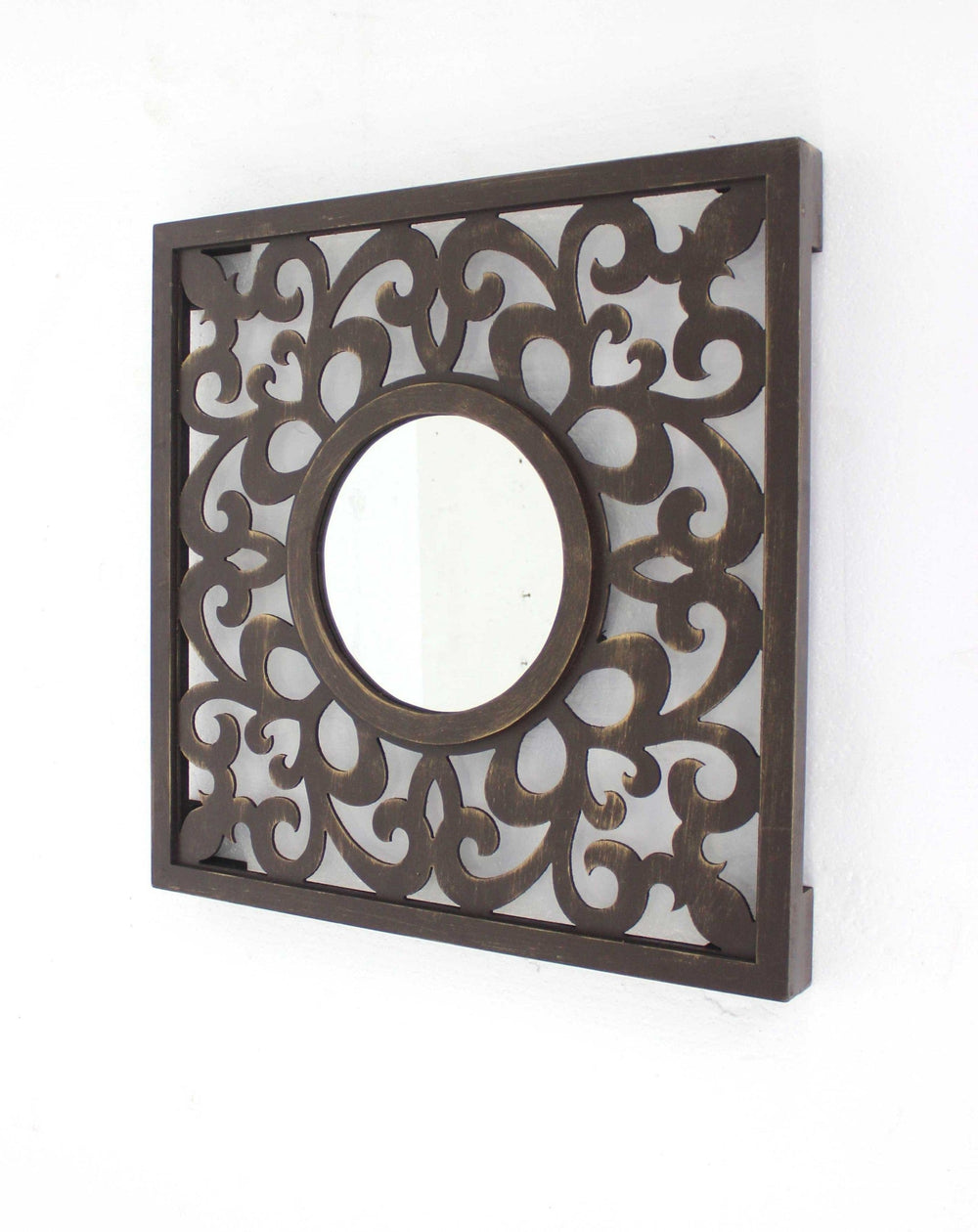 24" Brown Circle In Square Vintage Style Framed Accent Mirror - Homeroots - Flyclothing LLC
