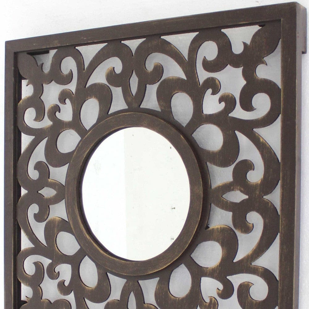 24" Brown Circle In Square Vintage Style Framed Accent Mirror - Homeroots - Flyclothing LLC