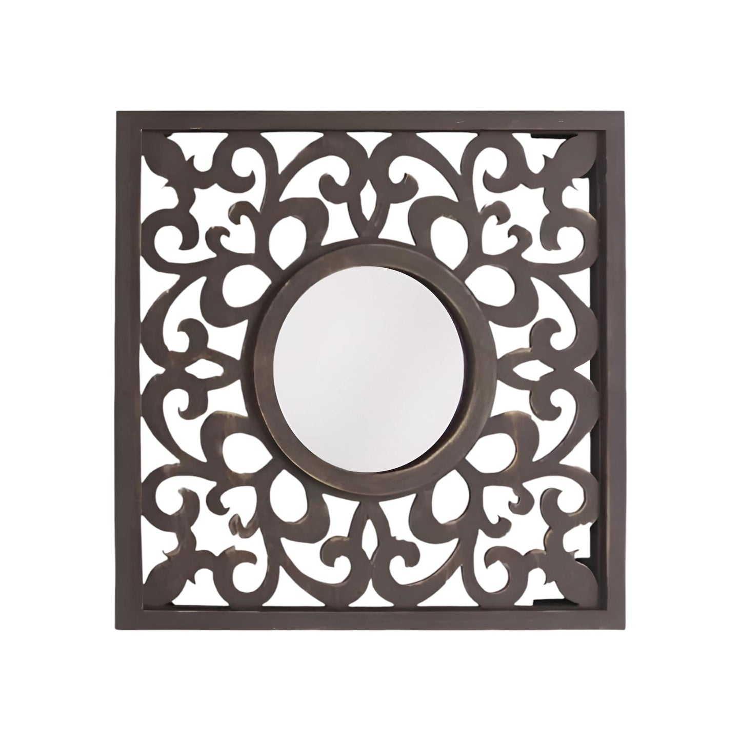 24" Brown Circle In Square Vintage Style Framed Accent Mirror - Homeroots - Flyclothing LLC