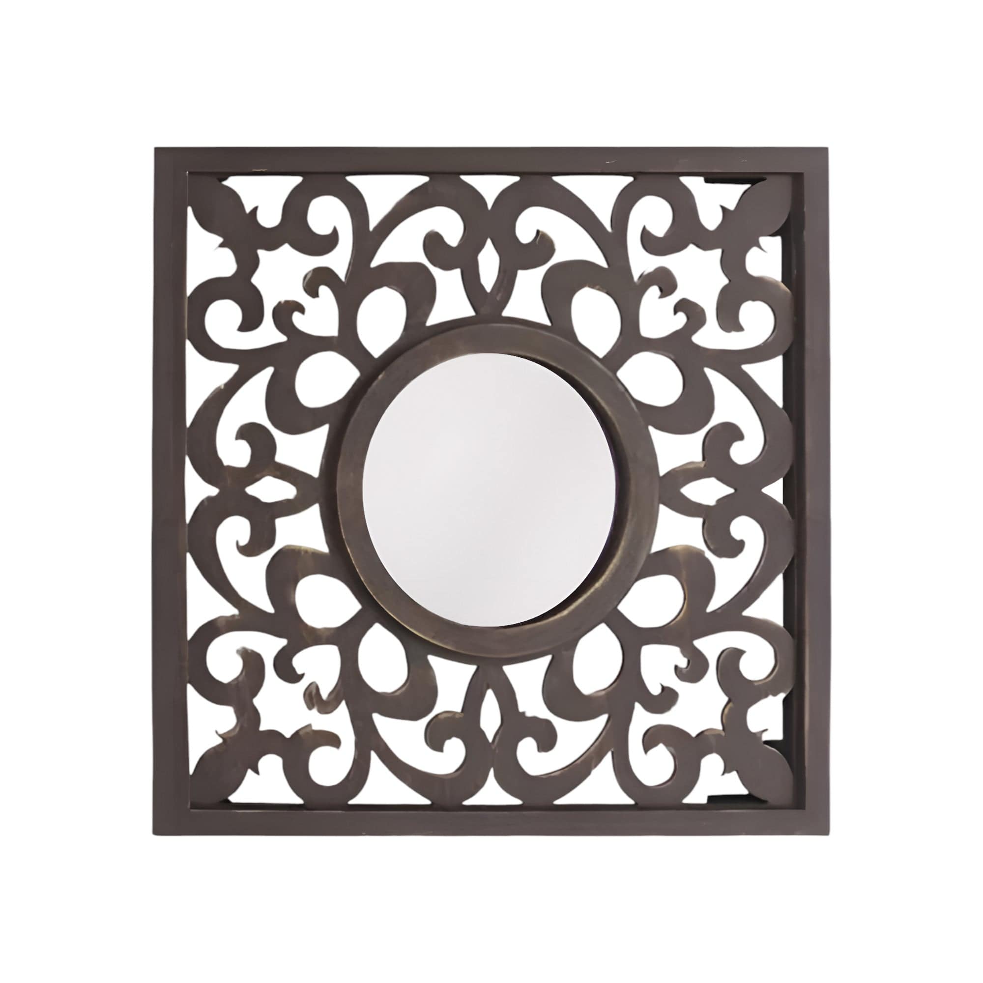 24" Brown Circle In Square Vintage Style Framed Accent Mirror - Homeroots - Flyclothing LLC