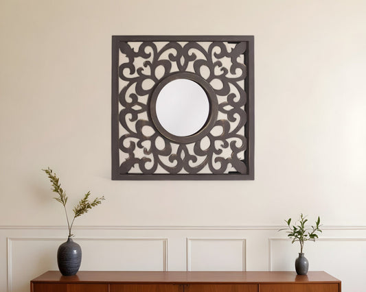 24" Brown Circle In Square Vintage Style Framed Accent Mirror - Homeroots
