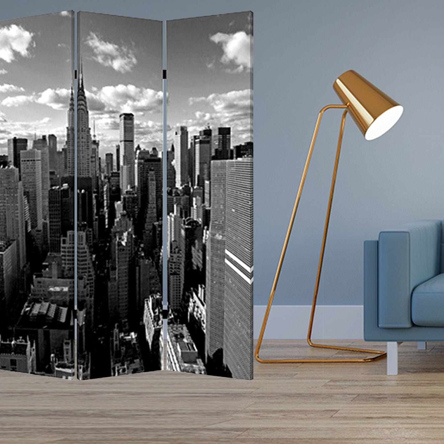 48" X 72" Multi Color Wood Canvas New York Skyline Screen - Homeroots - Flyclothing LLC