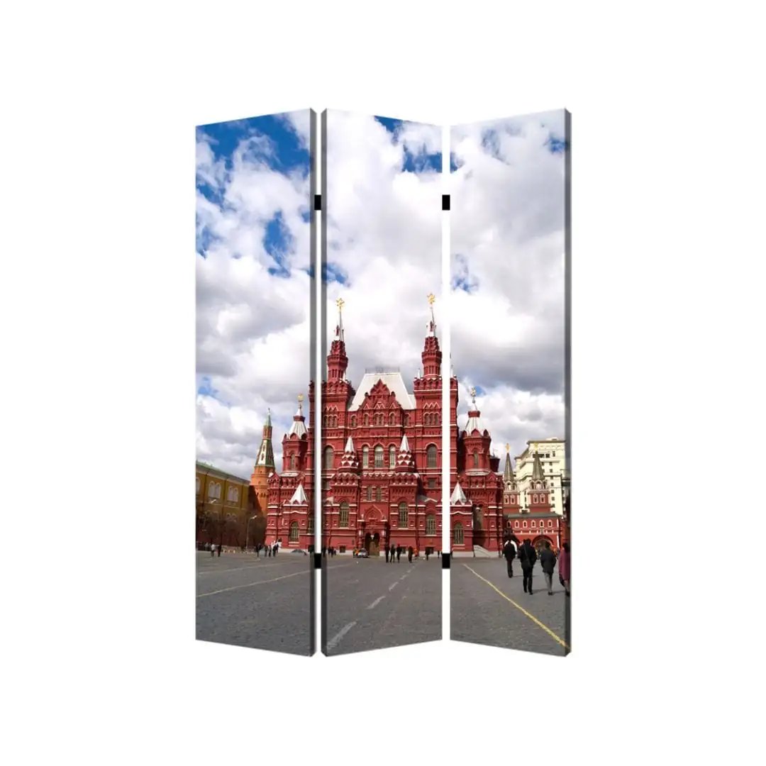 48" X 72" Red Blue and White Wood Canvas Russia Screen - Homeroots - Flyclothing LLC