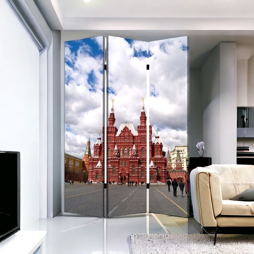 48" X 72" Red Blue and White Wood Canvas Russia Screen - Homeroots - Flyclothing LLC