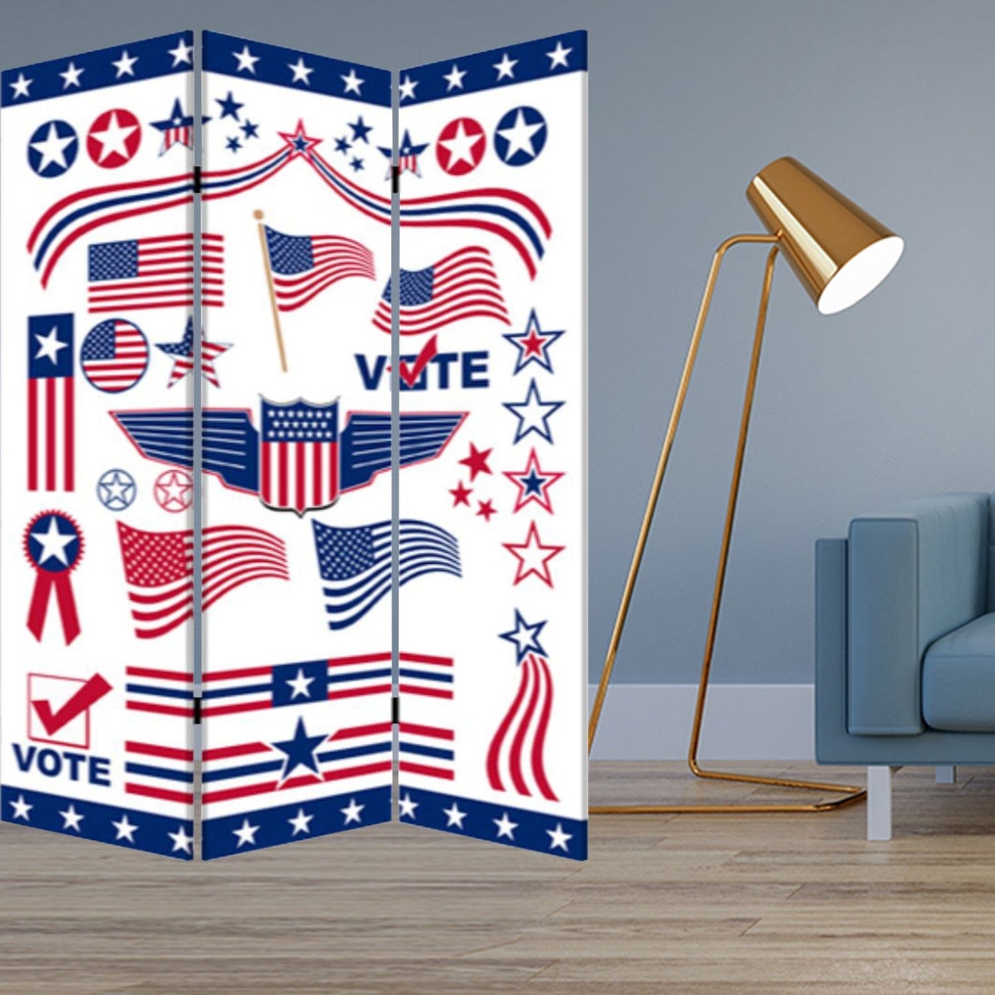 72" Blue and White Canvas Folding Three Panel Screen Room Divider - Homeroots - Flyclothing LLC
