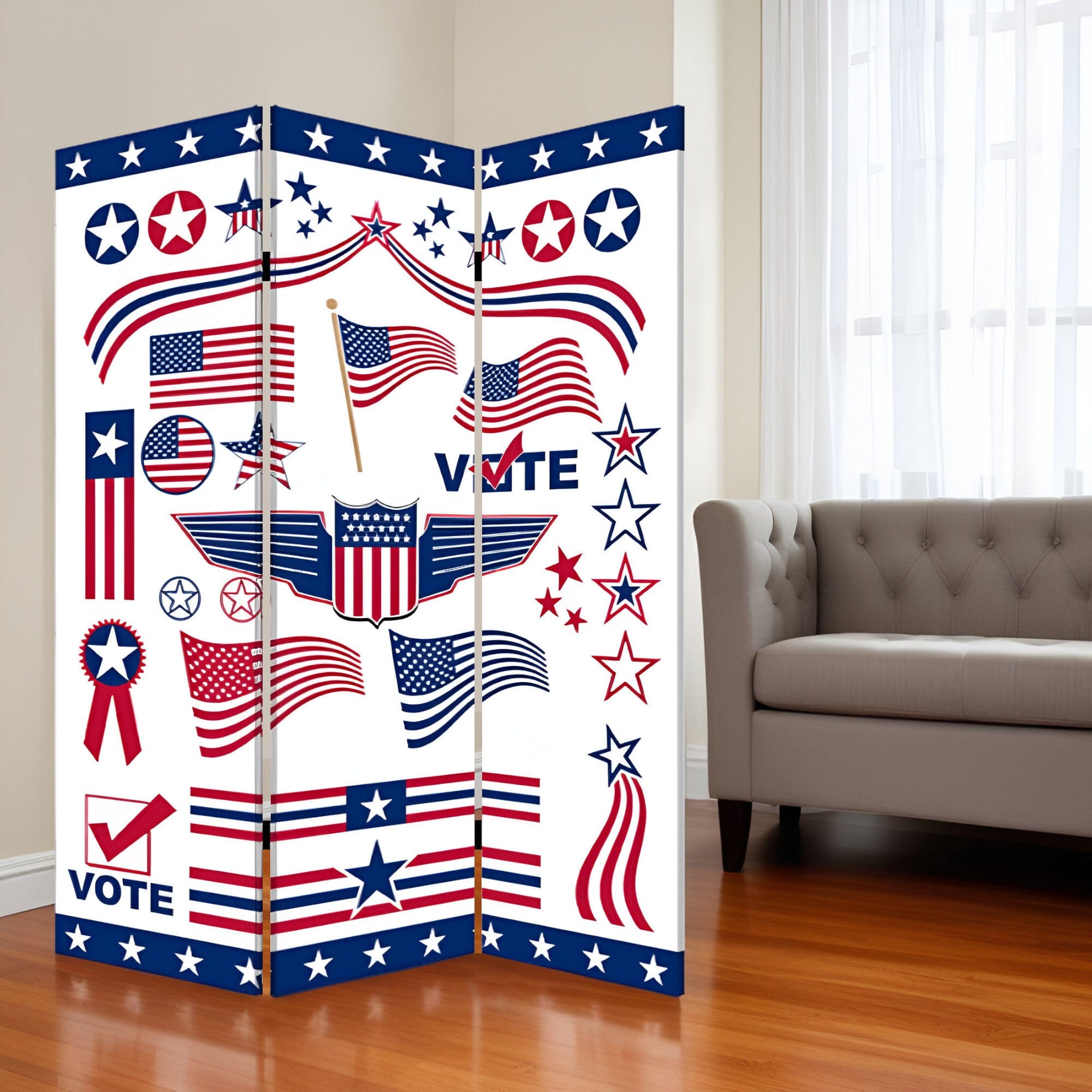 72" Blue and White Canvas Folding Three Panel Screen Room Divider - Homeroots - Flyclothing LLC