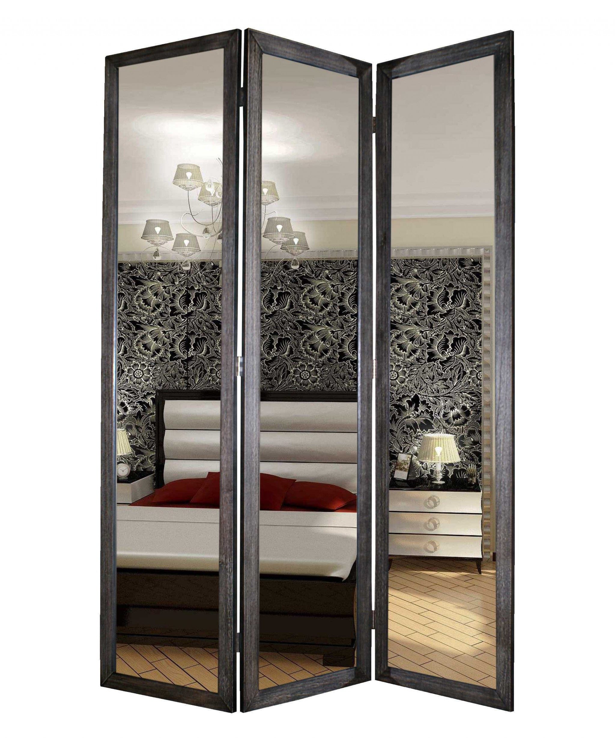 69" Black Wood and Mirrored Glass Folding Three Panel Screen Room Divider - Homeroots - Flyclothing LLC