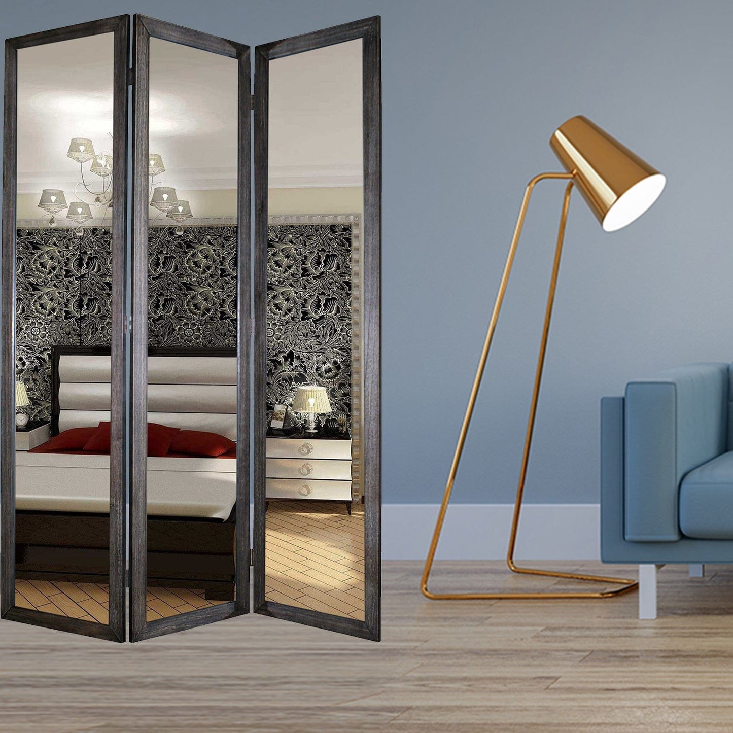 69" Black Wood and Mirrored Glass Folding Three Panel Screen Room Divider - Homeroots - Flyclothing LLC