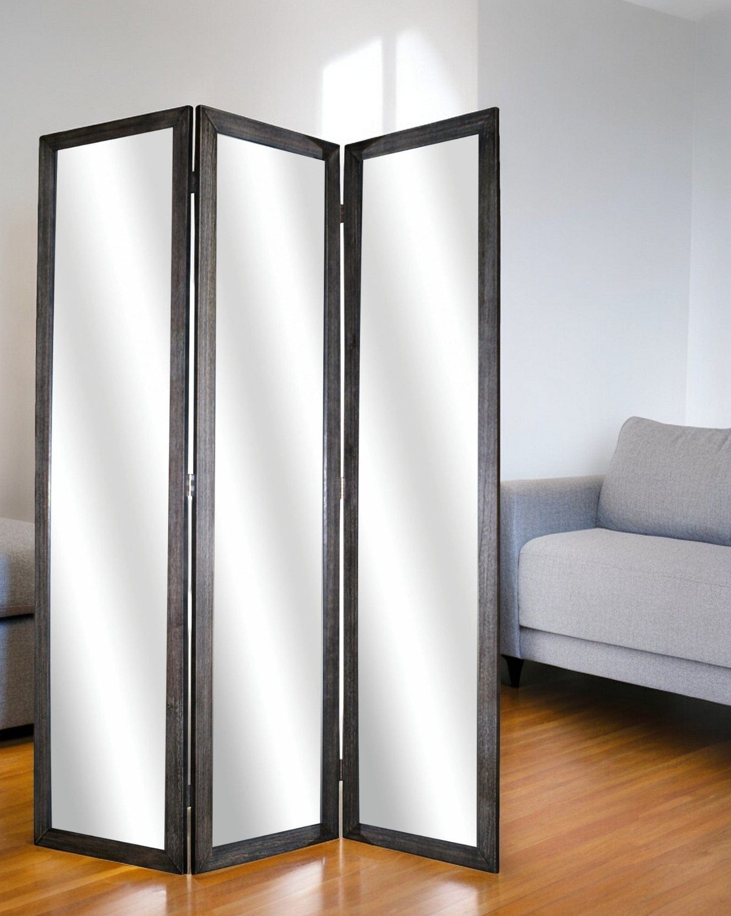 69" Black Wood and Mirrored Glass Folding Three Panel Screen Room Divider - Homeroots - Flyclothing LLC