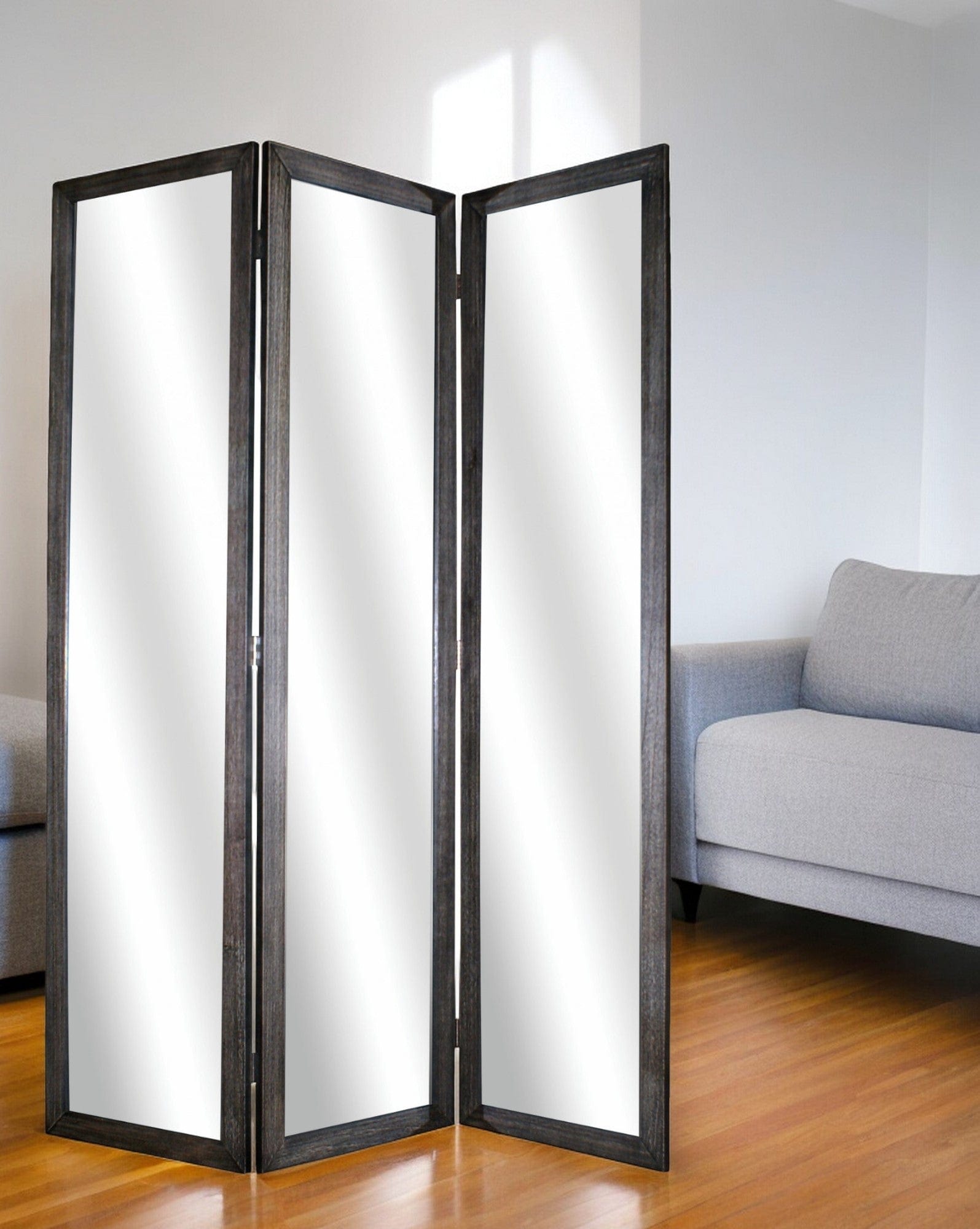 69" Black Wood and Mirrored Glass Folding Three Panel Screen Room Divider - Homeroots - Flyclothing LLC