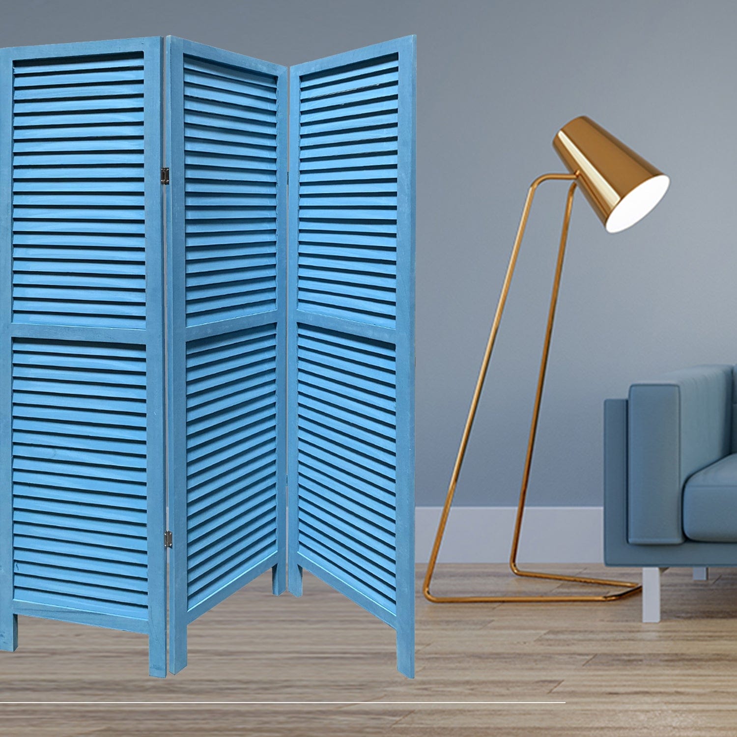 Blue Finish Wood Shutter 3 Panel Room Divider Screen