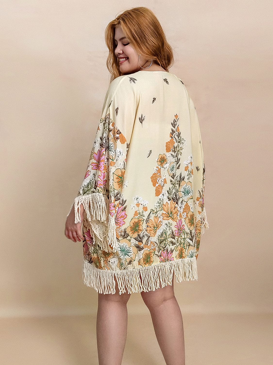 Plus Size Fringe Printed Open Front Cardigan - Trendsi