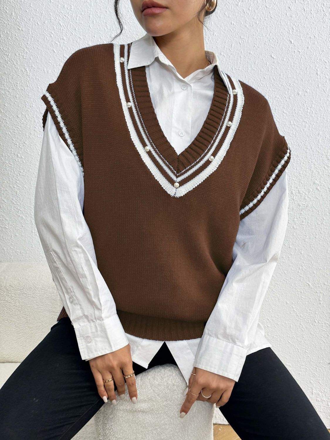 Pearl Trim Contrast V-Neck Sweater Vest - Trendsi - Flyclothing LLC