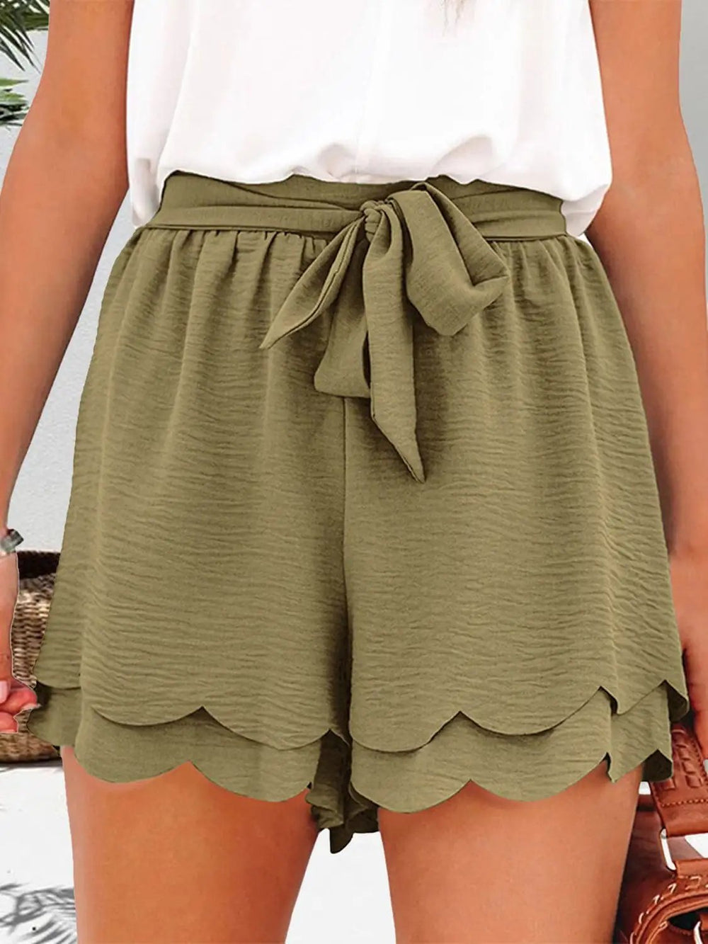 Tied Layered Scalloped Hem Shorts - Trendsi