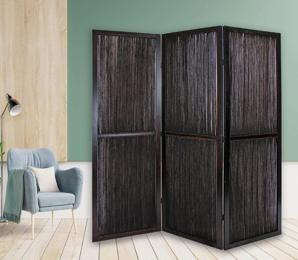 Dark Wood And Water Hyacinth 3 Panel Room Divider Screen - Homeroots - Flyclothing LLC