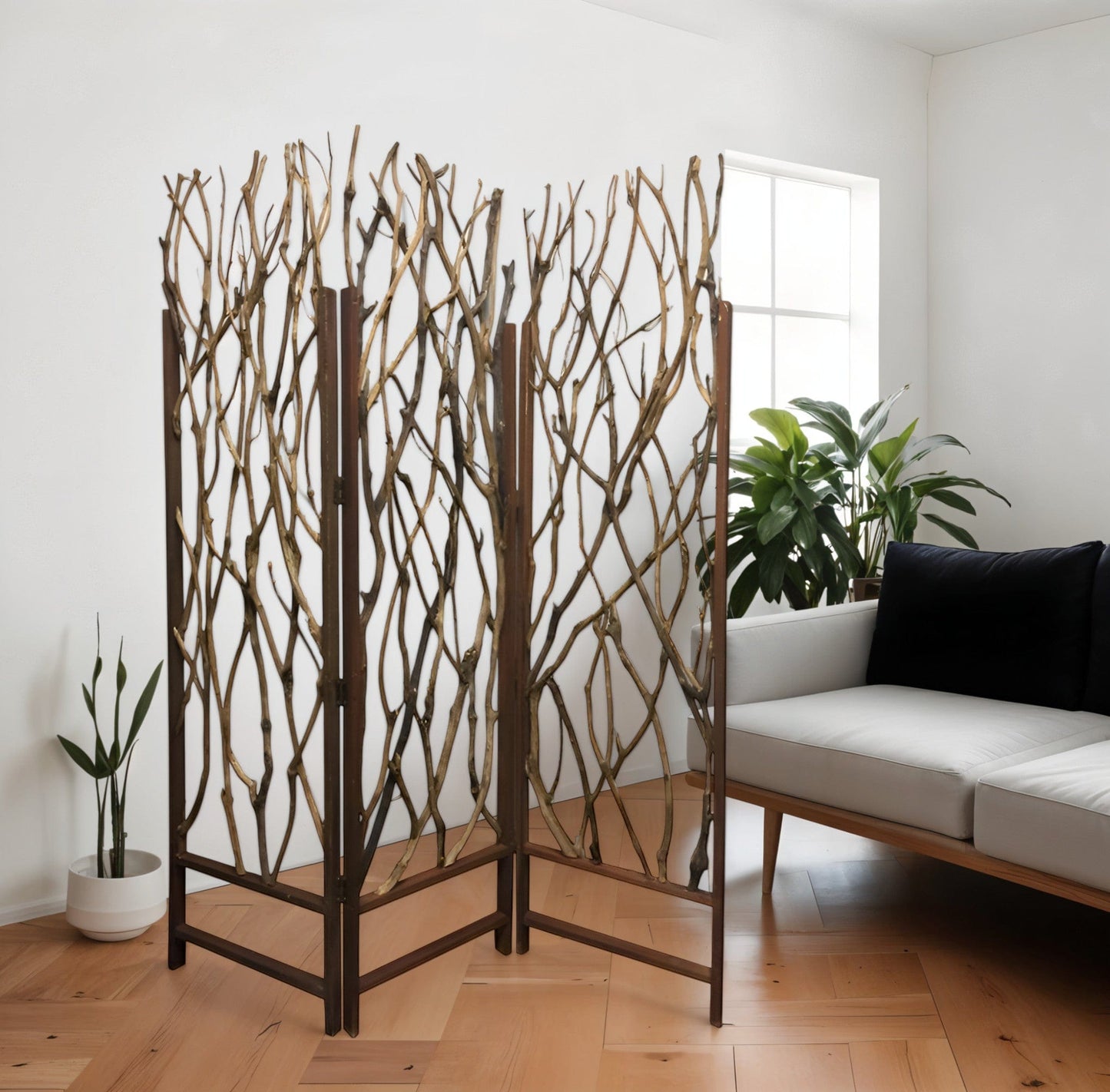 70" Brown Wood Branches Folding Three Panel Screen Room Divider - Homeroots - Flyclothing LLC