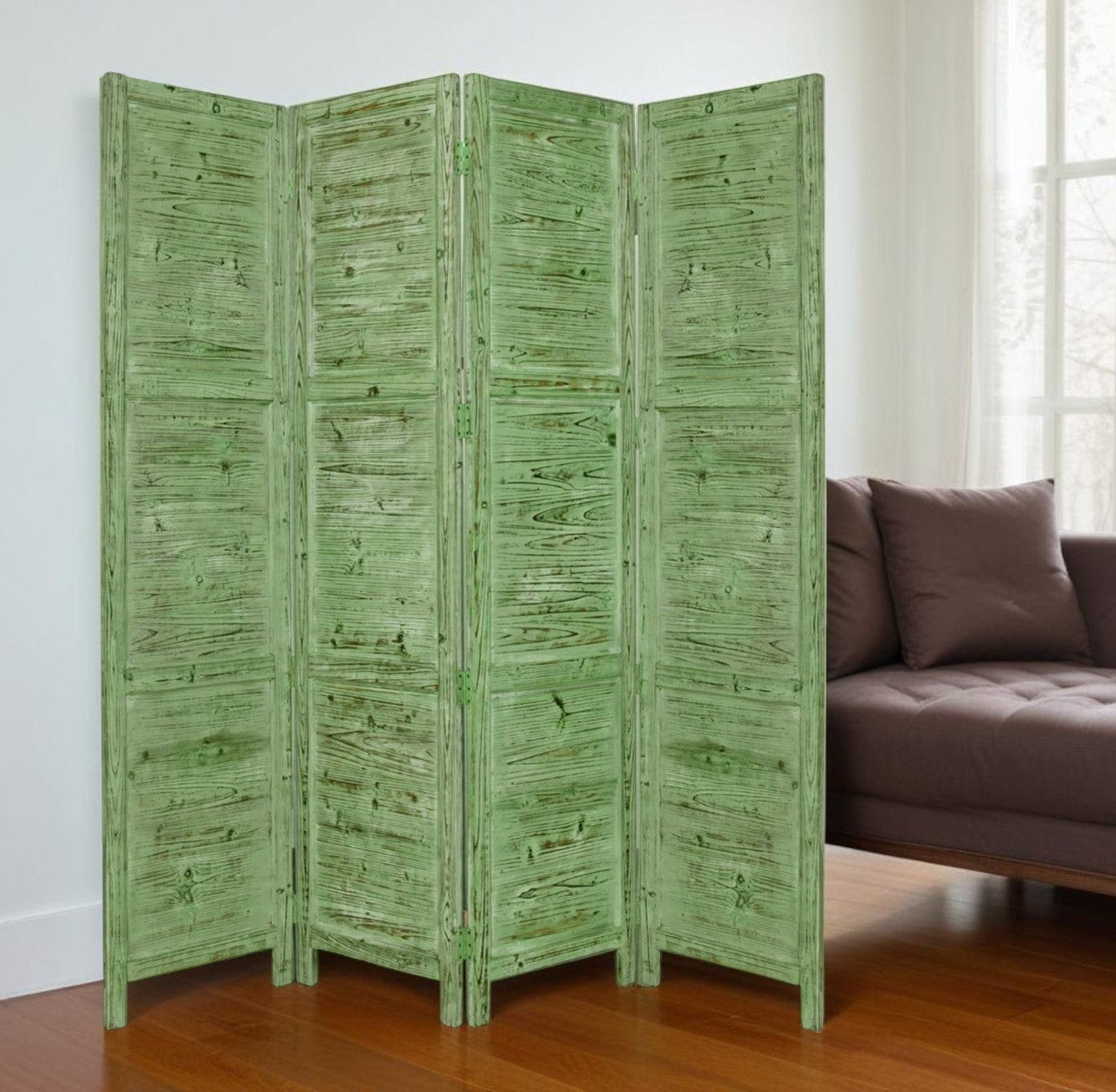 84" Green Rustic Wood Folding Four Panel Screen Room Divider - Homeroots - Flyclothing LLC