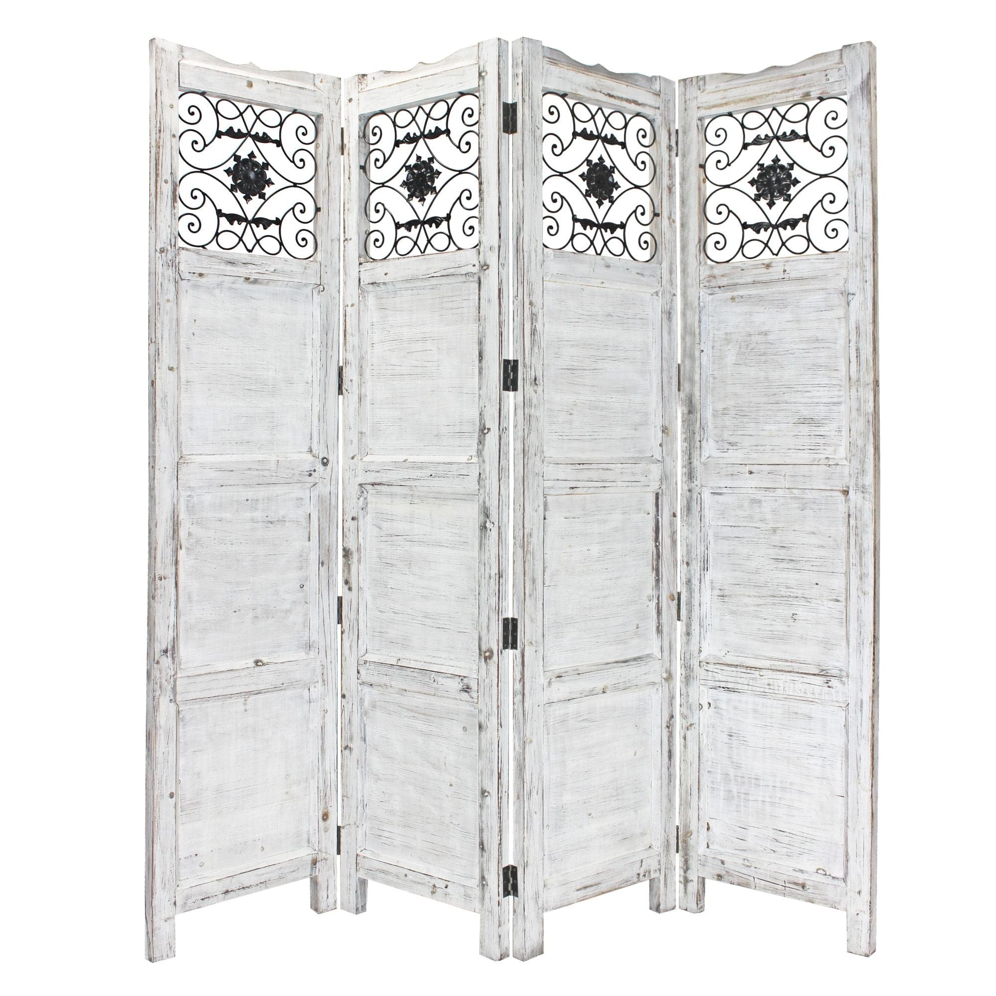 Gray Wash 4 Panel With Scroll Work Room Divider Screen - Homeroots - Flyclothing LLC