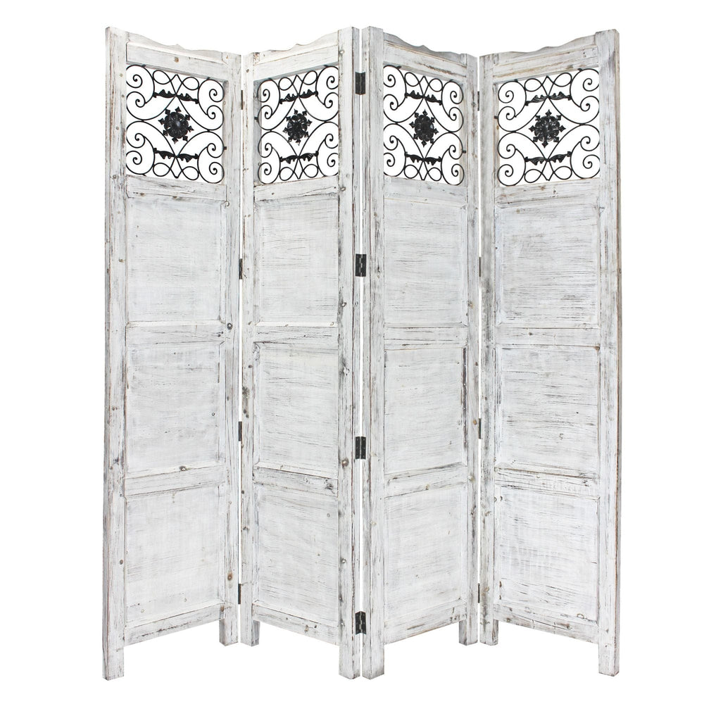 Gray Wash 4 Panel With Scroll Work Room Divider Screen - Homeroots
