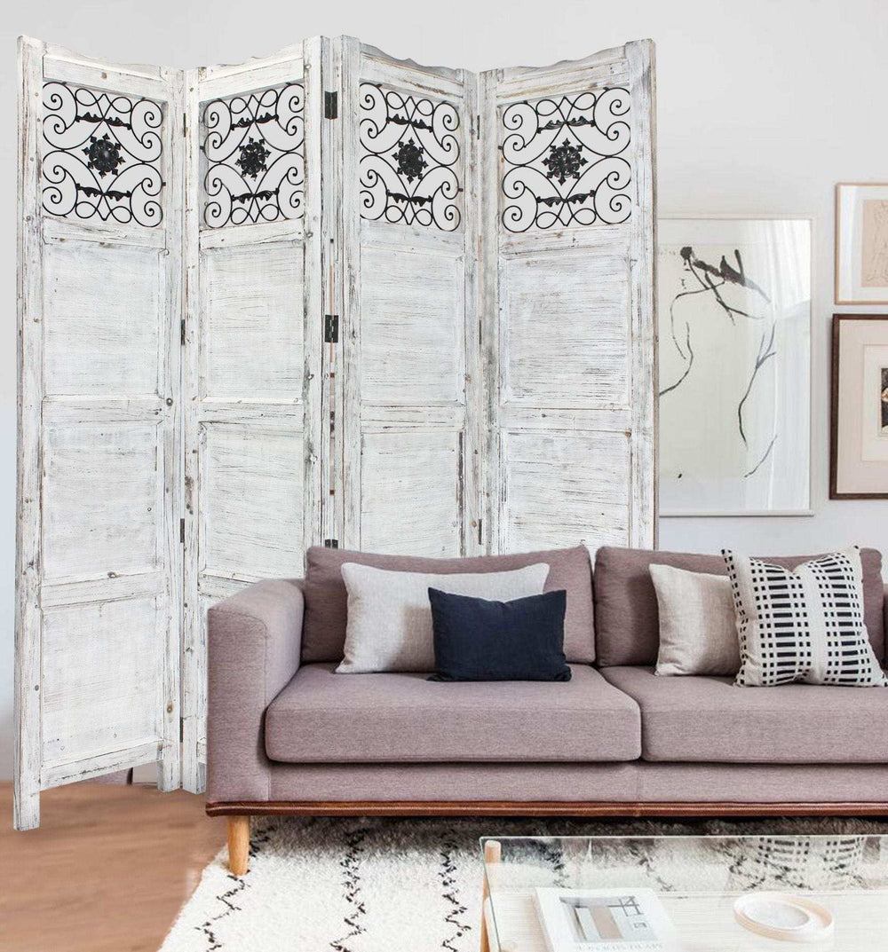 Gray Wash 4 Panel With Scroll Work Room Divider Screen - Homeroots - Flyclothing LLC