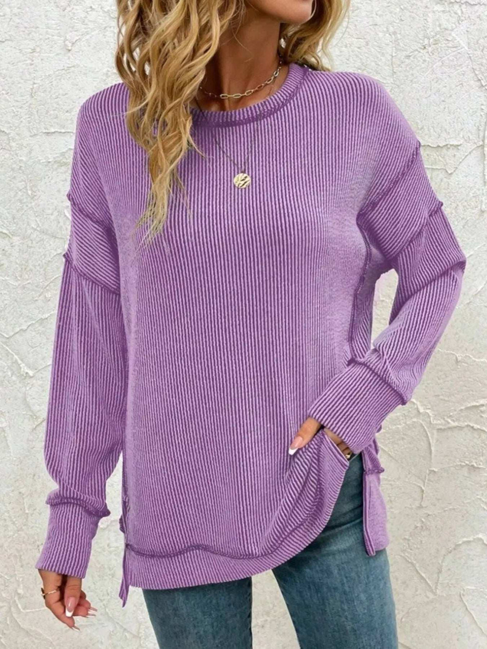 Side Slit Round Neck Dropped Shoulder Sweatshirt - Trendsi - Flyclothing LLC