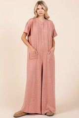 Mittoshop Button Detail Short Sleeve Wide Leg Jumpsuit - Trendsi - Flyclothing LLC