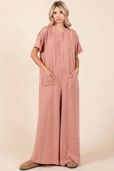 Mittoshop Button Detail Short Sleeve Wide Leg Jumpsuit - Trendsi