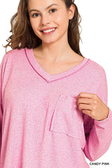 Zenana Soft Melange Hacci Exposed Seam Coin Pocket Tee - Trendsi - Flyclothing LLC