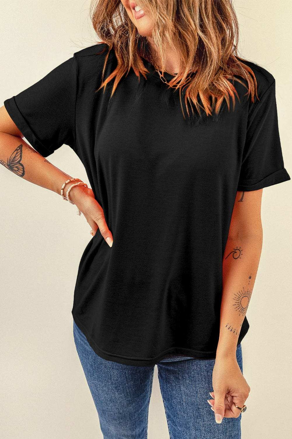 Round Neck Short Sleeve T-Shirt - Trendsi - Flyclothing LLC