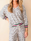 V Neck Leopard Long Sleeve Top Striped Webbing Patchwork Drawstring Pant Set - Trendsi - Flyclothing LLC