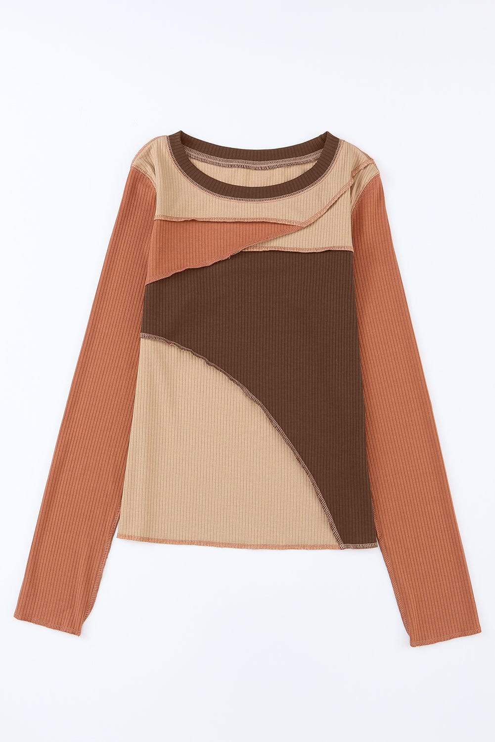 Exposed Seam Contrast Round Neck Long Sleeve T-Shirt - Trendsi - Flyclothing LLC