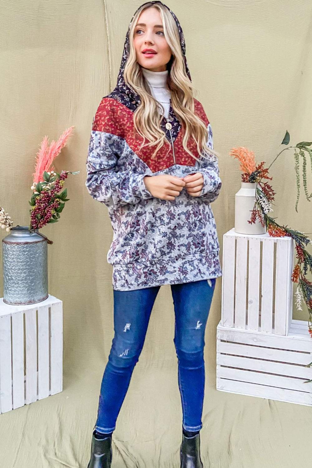 And The Why Printed Half Zip Up Long Sleeve Hoodie - Trendsi - Flyclothing LLC