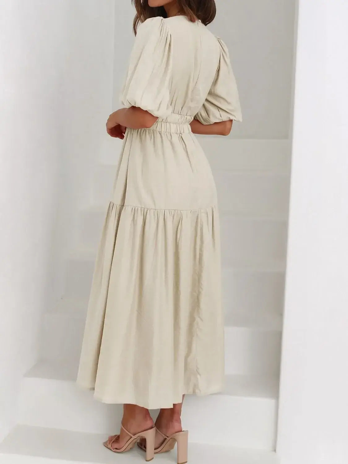V-Neck Puff Sleeve Midi Dress - Trendsi - Flyclothing LLC