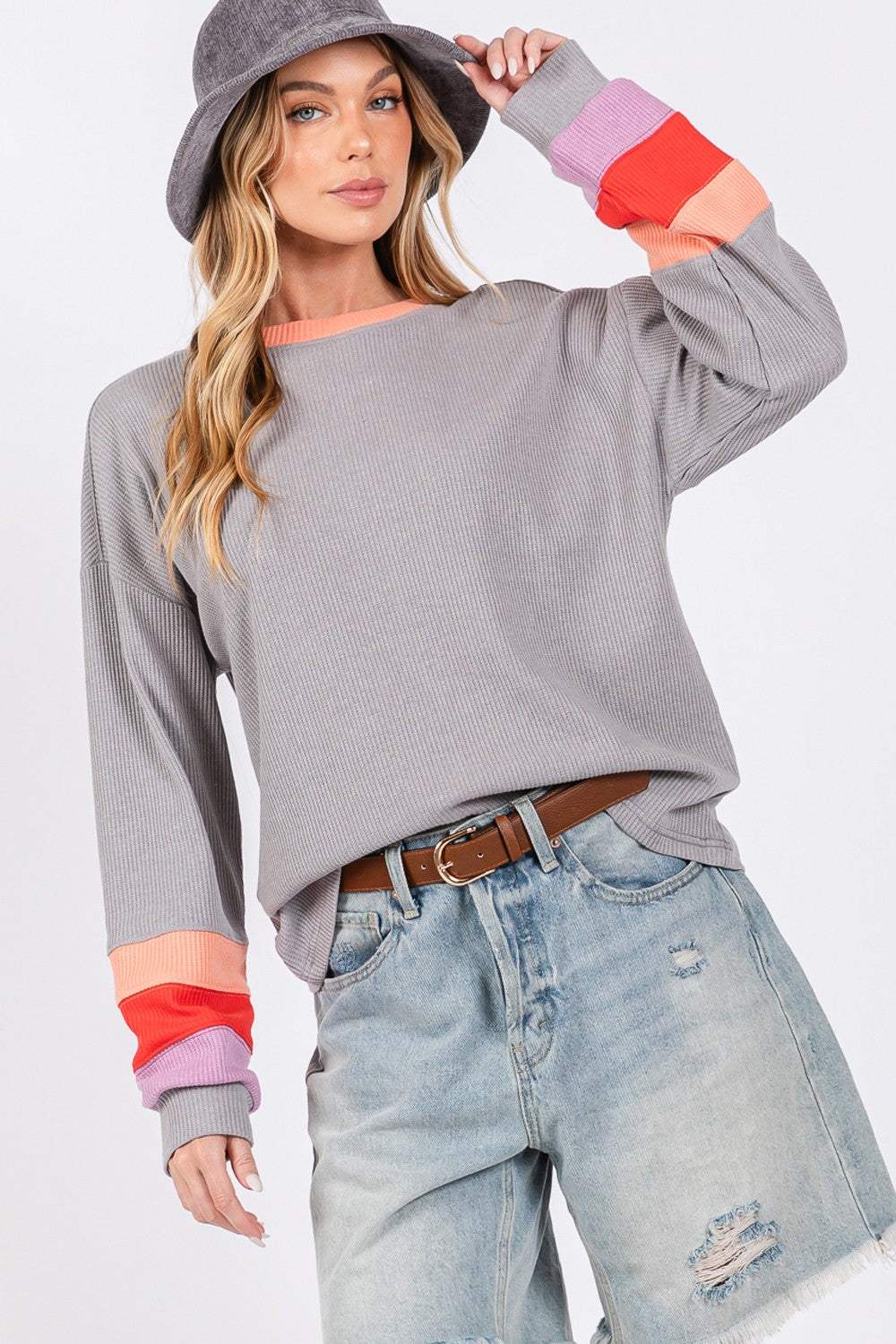 SAGE + FIG Color Block Waffle Knit T-Shirt - Trendsi - Flyclothing LLC