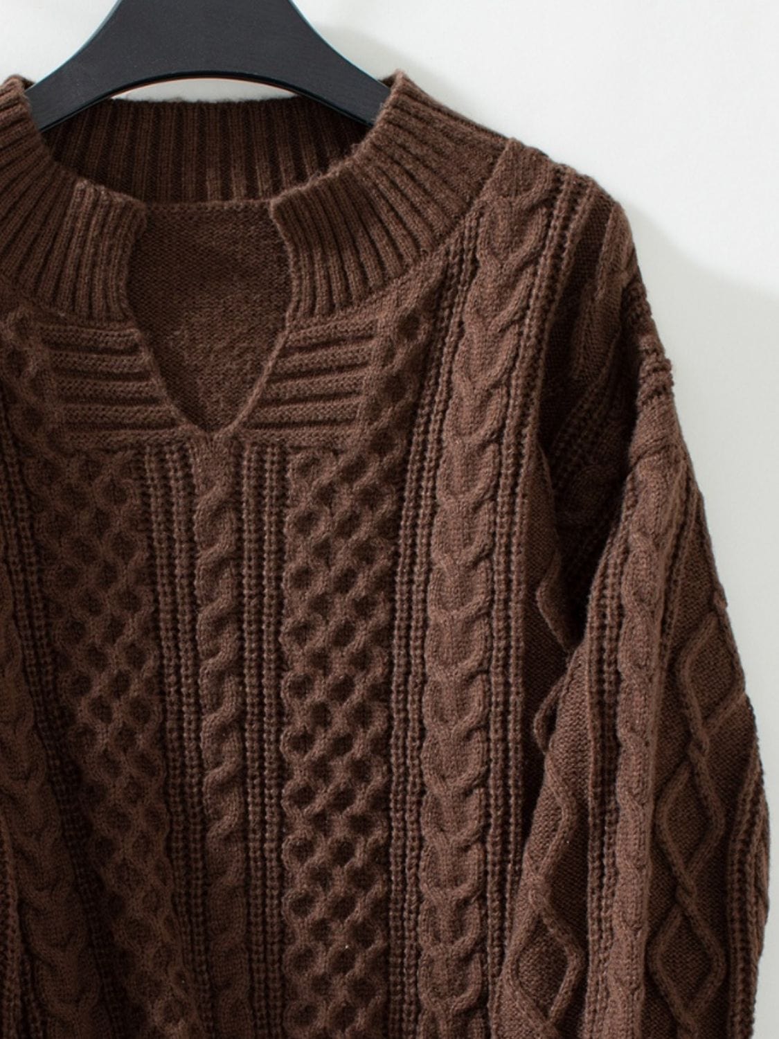 Cable-Knit Notched Long Sleeve Sweater - Trendsi