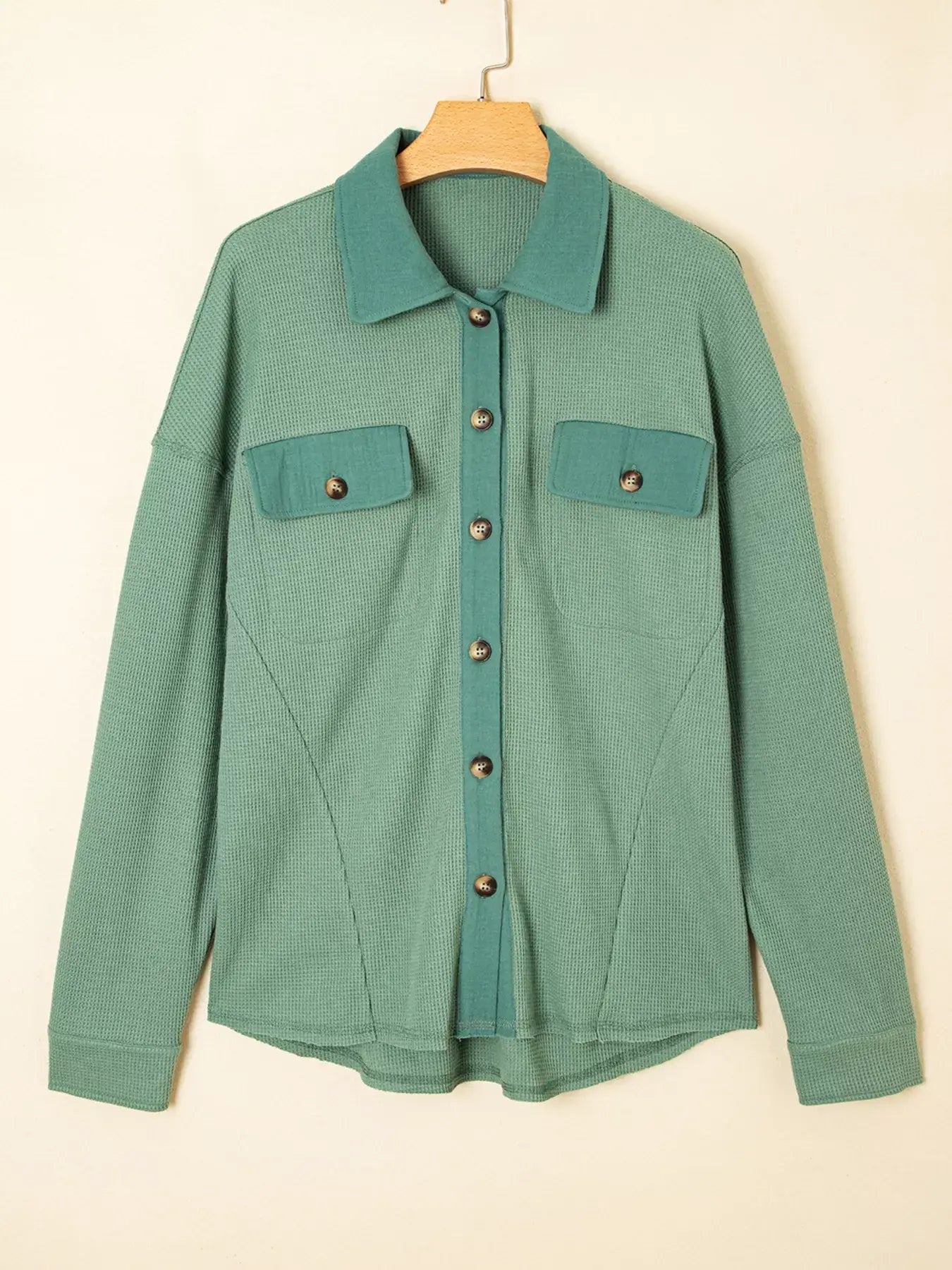Waffle Knit Vintage Patchwork Button Up Loose Shirt - Trendsi - Flyclothing LLC