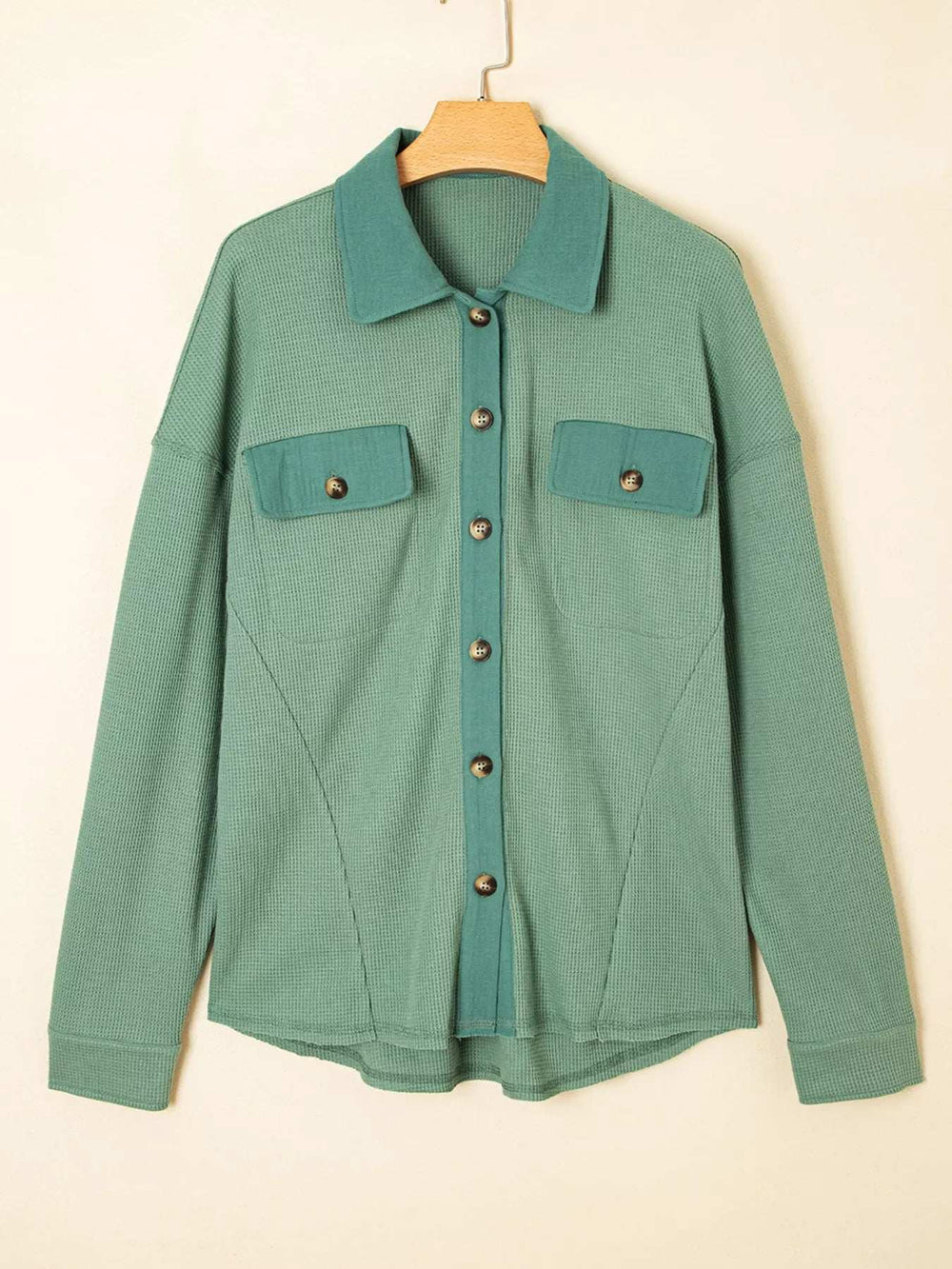 Waffle Knit Vintage Patchwork Button Up Loose Shirt - Trendsi - Flyclothing LLC